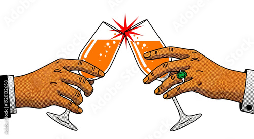 Celebratory Toast with Orange Drinks and Sparkling Starburst Symbol