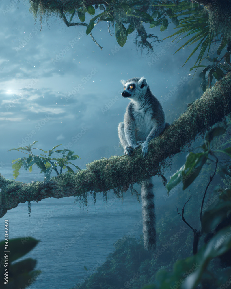 Naklejka premium Cute Ring-Tailed Lemur Sitting on a Mossy Tree Branch Overlooking Tropical Jungle Coastline at Night, Primates in Natural Habitat with Glowing Eyes and Long Striped Tail Under Magical Starry Sky