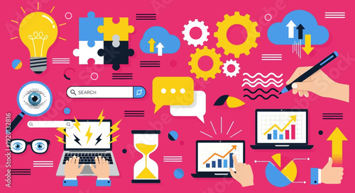 Digital Marketing and Online Business Strategy Concepts with Icons and Infographics