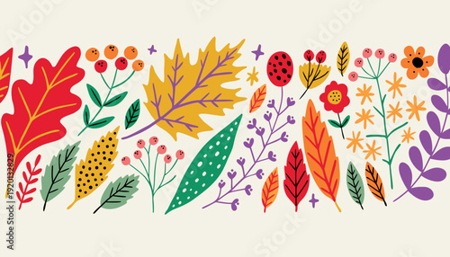 Hand-drawn horizontal banner featuring bright autumn leaves and berries in retro-inspired colors, illustrated in flat doodle style, forming a charming seasonal vector template for creative projects.