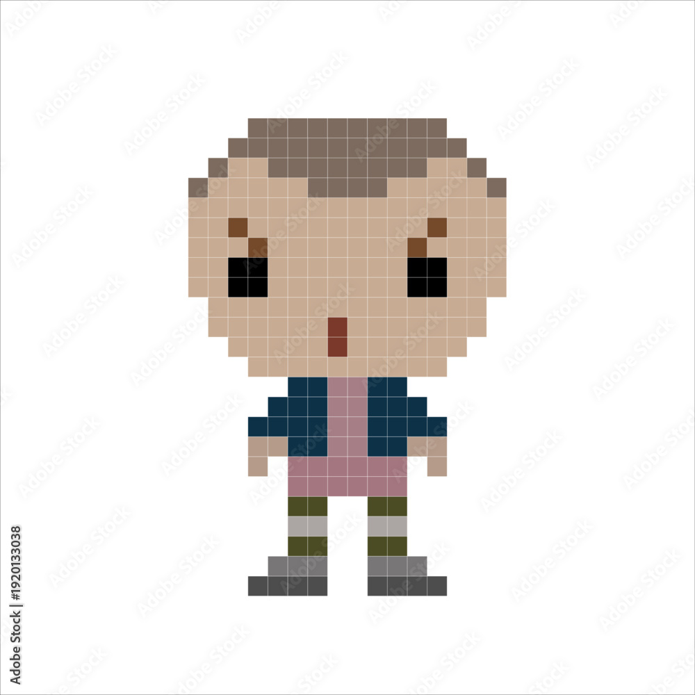 Fototapeta premium Vector pixel objects. Сolored boy in pixel game objects. Textures for 8-bit games. Stranger boy. Vector illustration EPS 10.