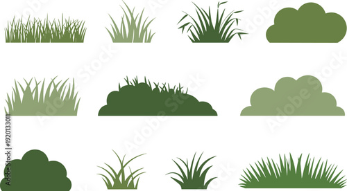 Grass and bush elements vector set, green garden plants and shrubs collection, flat natural foliage shapes for landscape design, maps, games, illustrations, and creative projects