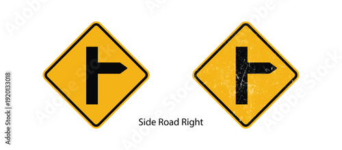 side road right traffic warning sign yellow clean and grunge driving safety illustration