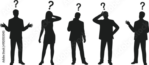 Business people silhouette set with question marks above heads representing confusion, decision making, brainstorming and uncertainty concept, anonymous human figures vector illustration isolated