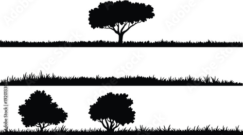 Grassy landscape silhouette illustration collection with trees and natural elements, minimalist environmental artwork concept for nature, outdoor scenery, ecology, 