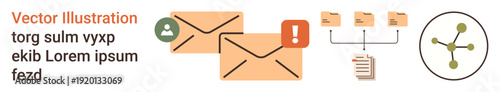Email notifications, data sharing, network connectivity, digital communication, workflow organization, document management. Envelopes, user icons alert signs and folder structure. Email