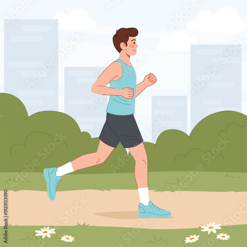 Man in sportswear running in the park vector flat illustration