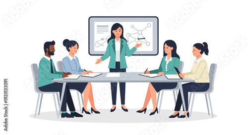 Business meeting with diverse team and female leader presenting.