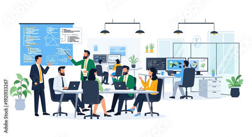 Business meeting with diverse team collaborating in modern office.