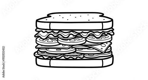 A detailed black and white line drawing of a stacked sandwich with various fillings high quality