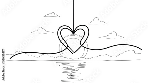 Creative line art of a heart shape integrated into a landscape featuring a rising sun, mountains, and water reflections on white.