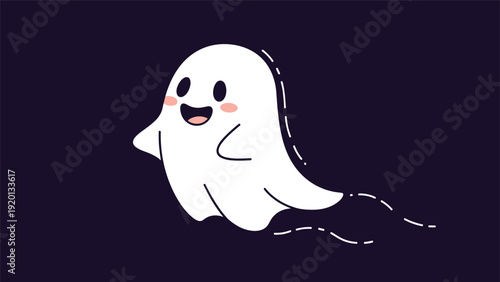 Adorable white ghost with pink cheeks flying through the night sky leaving a dashed trail behind on a dark purple background.