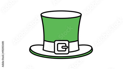 Iconic green top hat with a white band and a golden buckle traditionally worn by leprechauns for St Patrick's Day celebration.