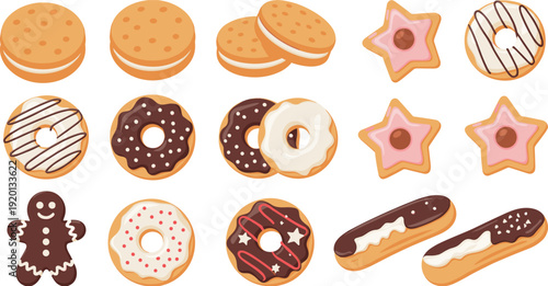 Colorful cartoon cookies and donuts collection with icing, chocolate glaze and star shaped biscuits, cute bakery dessert vector illustration set isolated on light background
