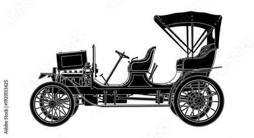 A detailed black and white silhouette of a vintage early 20th century automobile high quality professional modern
