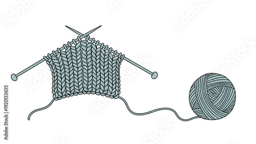 Unfinished blue knitting project with needles still attached and a matching ball of yarn on a clean white background.