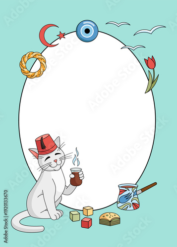 Hand drawn Turkey culture oval frame, copy space. Turkish traditional elements elliptical frame for photo. Ottoman empire illustration. Cartoon vector illustration. Flat design.