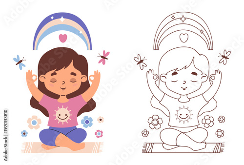 Kids Yoga. Girl Meditating. Child Yogi sitting under Rainbow set. Mental Health, Mindfulness, Sport and Hobby. Outline and color drawing, coloring book. Vector illustration