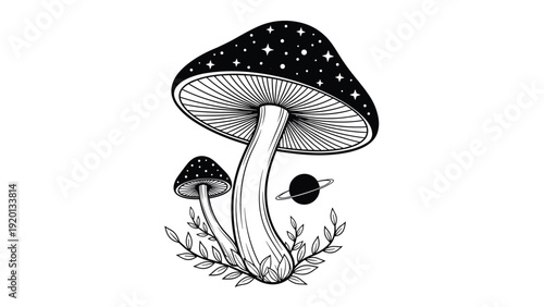 Surreal black and white illustration of a large mushroom with a starry cap and a small planet orbiting its stem.