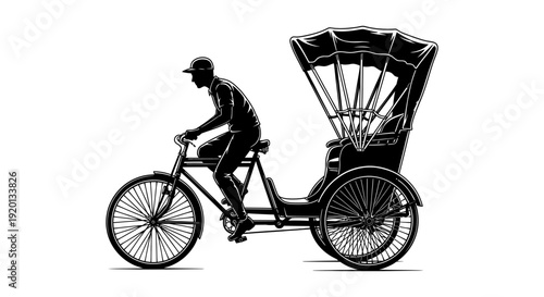 A silhouetted image of a rickshaw puller riding a bicycle with a covered passenger carriage