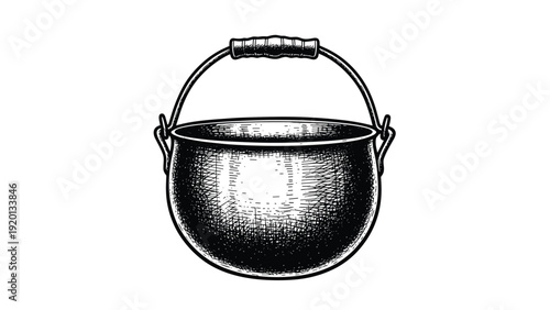 Detailed black and white vintage-style illustration of a large metal cooking pot or cauldron with a sturdy handle and textured surface.