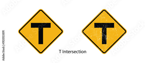 t intersection traffic road warning sign yellow clean and grunge texture illustration