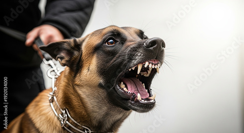 Aggressive dog barking while on leash held by handler indoors  