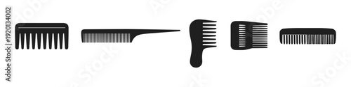 Collection of five black combs with different teeth spacing and styles on a white background