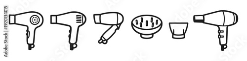 Collection of simple line art icons representing hair dryers and accessories for styling