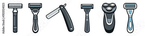 Collection of various shaving tools including razors and electric shavers