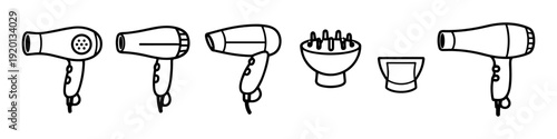 Collection of simple line art icons representing hair dryers and accessories for styling