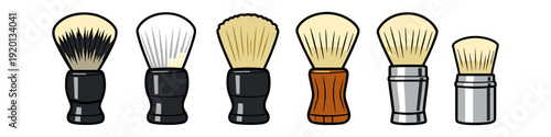 Collection of diverse shaving brushes with different handles and bristles for grooming