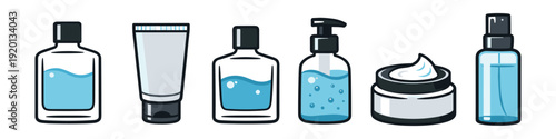 Collection of various cosmetic and skincare product containers in a clean, modern illustration style