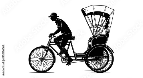 A silhouette of a rickshaw puller riding a three wheeled vehicle in profile view high quality professional