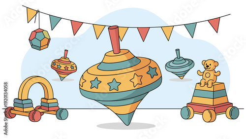 Assorted colorful children toys including spinning tops and a teddy bear under festive bunting flags in a bright nursery setting.
