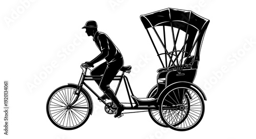A silhouette of a rickshaw puller riding a three wheeled vehicle in a vintage style high quality