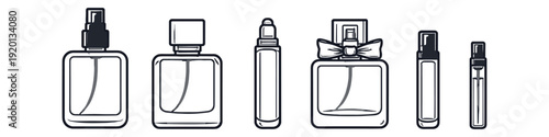 Collection of various perfume bottles and atomizers in a clean line art style
