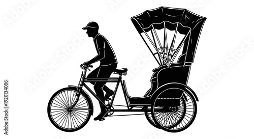 A silhouette of a rickshaw puller riding a bicycle with a covered passenger carriage high quality