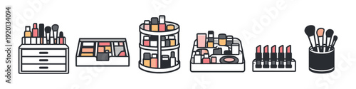 Collection of makeup organizers with various cosmetics and brushes displayed