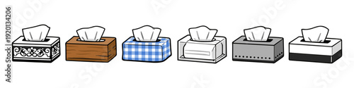 Collection of diverse tissue boxes with white tissues peeking out from each opening