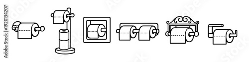 Collection of various toilet paper holders and rolls in a clean line art style