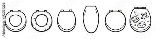 Collection of diverse toilet seat designs and shapes, including decorative elements