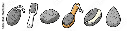 Collection of foot care tools including pumice stones and brushes for exfoliation