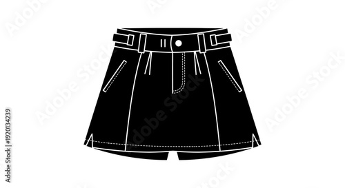 A black and white line drawing depicting a pair of high waisted belted shorts high quality professional detailed modern