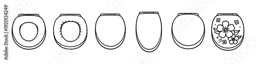 Collection of toilet seat designs from top view, including plain and decorative options