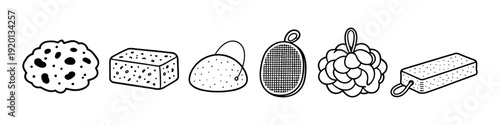 Collection of various bath sponges and scrubbers for personal hygiene and exfoliation