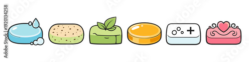 Collection of six different cartoon soaps with unique designs and colors for hygiene and beauty