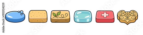 Collection of diverse soap bars and hygiene products with unique designs and colors