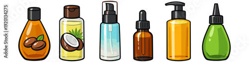 Collection of various cosmetic and beauty oil bottles with different dispensers