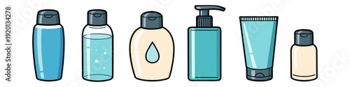 Collection of various cosmetic and hygiene bottles and containers for personal care